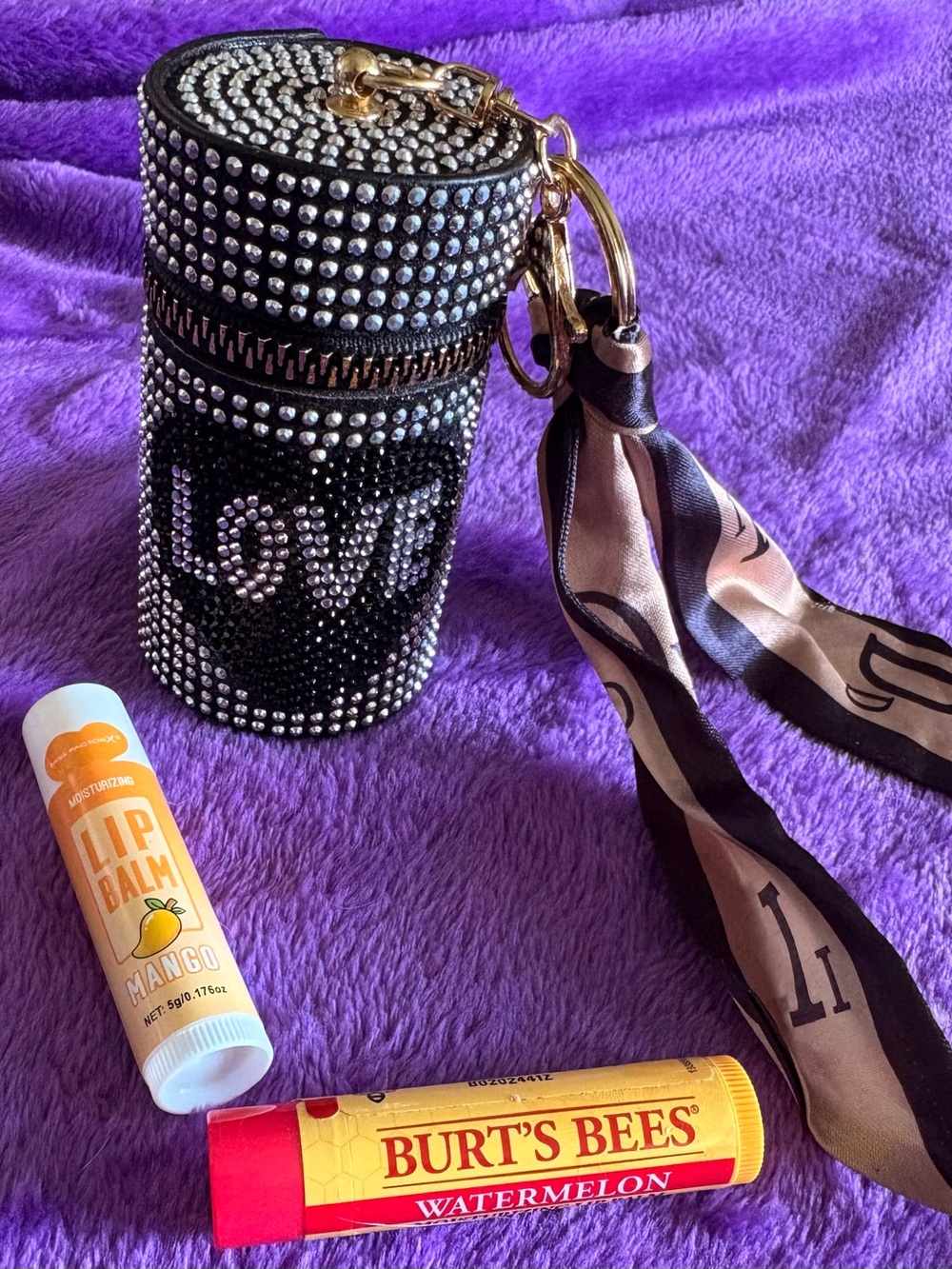 Rhinestone 'Love' Lipstick Holder Keychain - Black with Gold Hardware